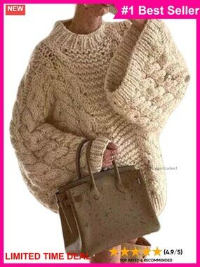 Oversized Cable Knit Chunky Pullover Sweater Crew Neck Baggy